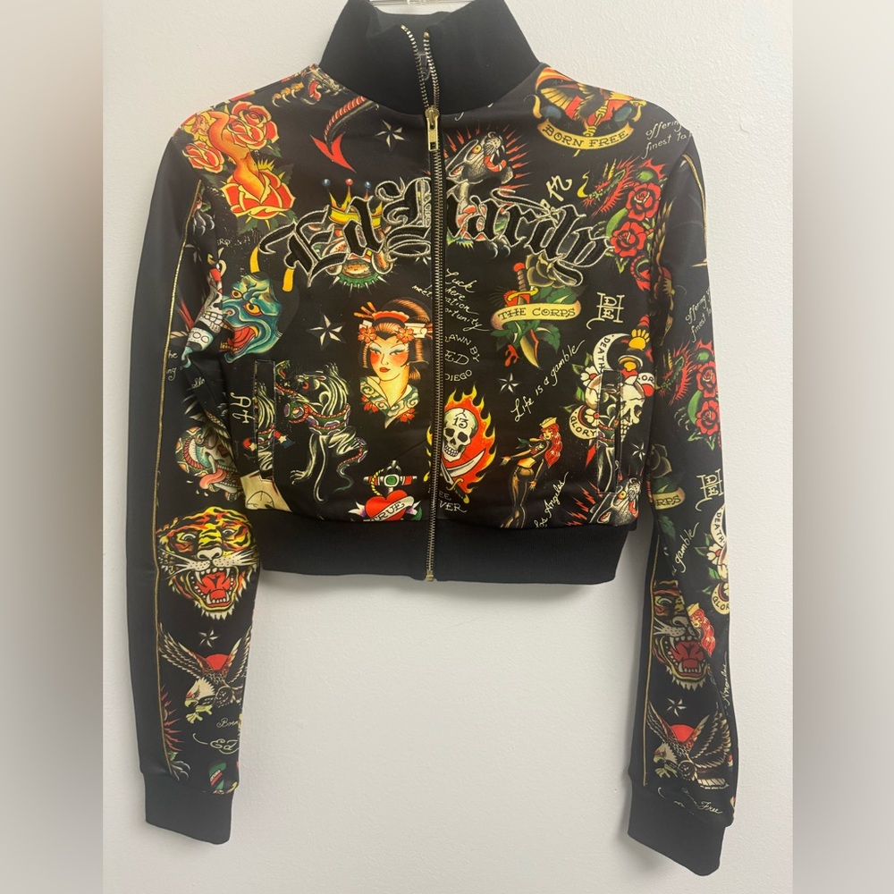 Ed Hardy Women’s Y2K Crop Zip-Up Track Jacket All-Over Tattoo Print NWT